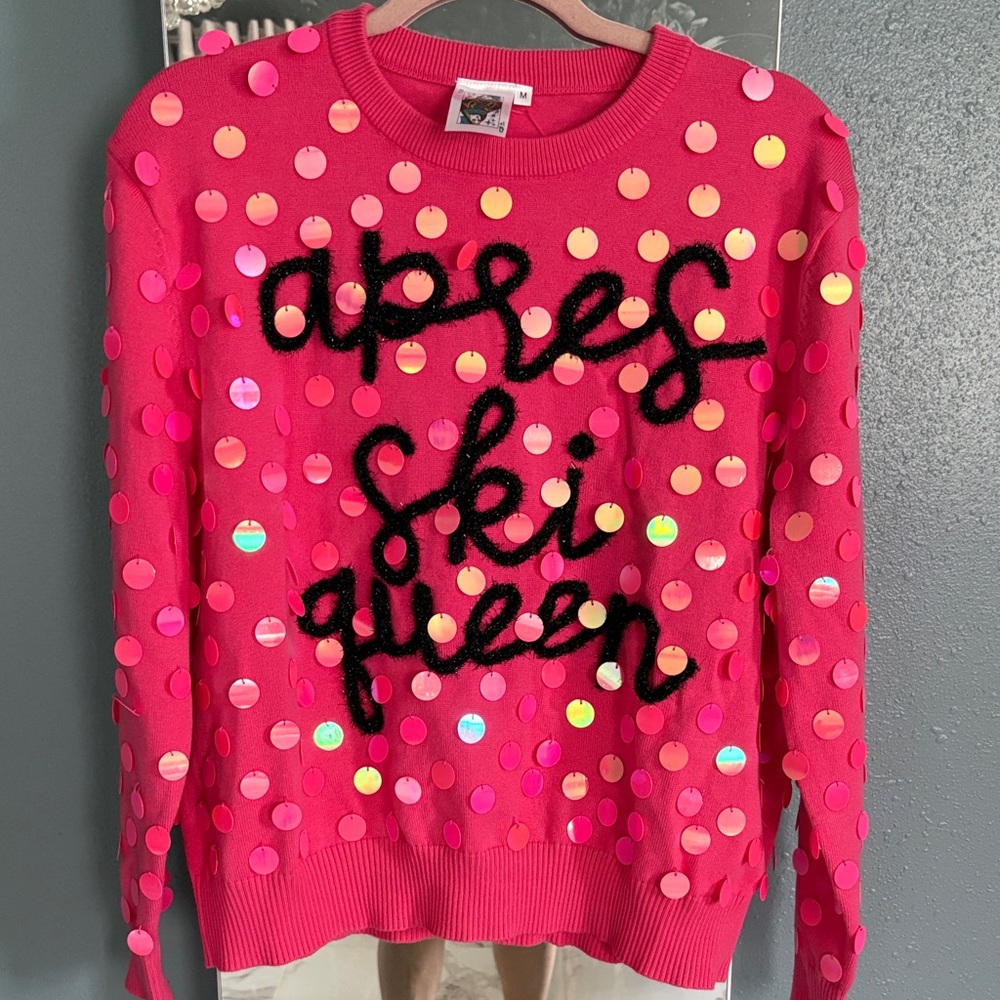 QUEEN OF SPARKLES Hot Pink Sequin Dot Sweater with Black Script
